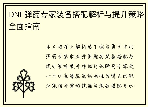 DNF弹药专家装备搭配解析与提升策略全面指南