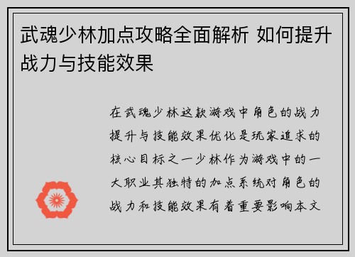 武魂少林加点攻略全面解析 如何提升战力与技能效果